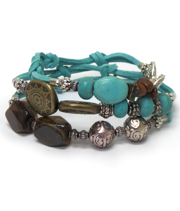 Stone and beads three layer leather bracelet set