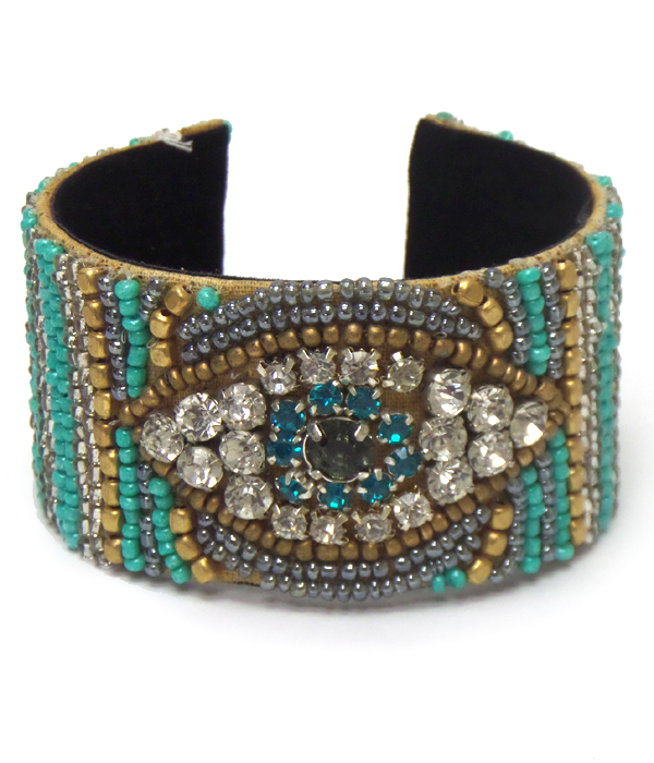 Crystal evil eye multi seed beads thick cuff bracelet - brass
