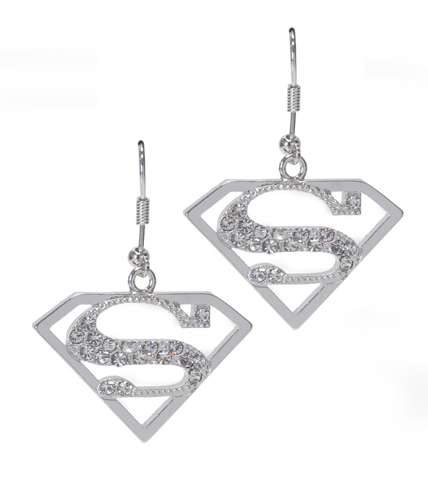 WHITEGOLD PLATING CRYSTAL SUPERMAN SYMBOL DROP EARRING