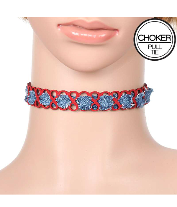 DENIM AND LEATHERETTE OPEN CUT WOVEN PULL TIE CHOKER NECKLACE