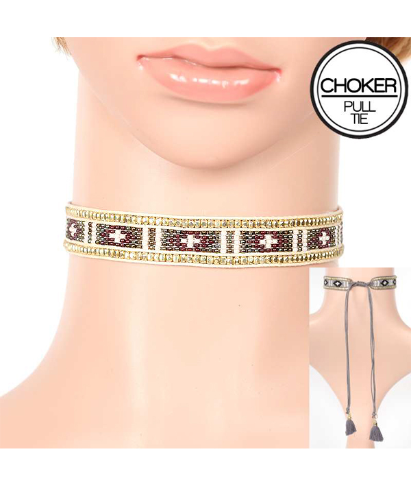 SEEDBEAD ON FABRIC AND TASSEL PULL TIE CHOKER NECKLACE