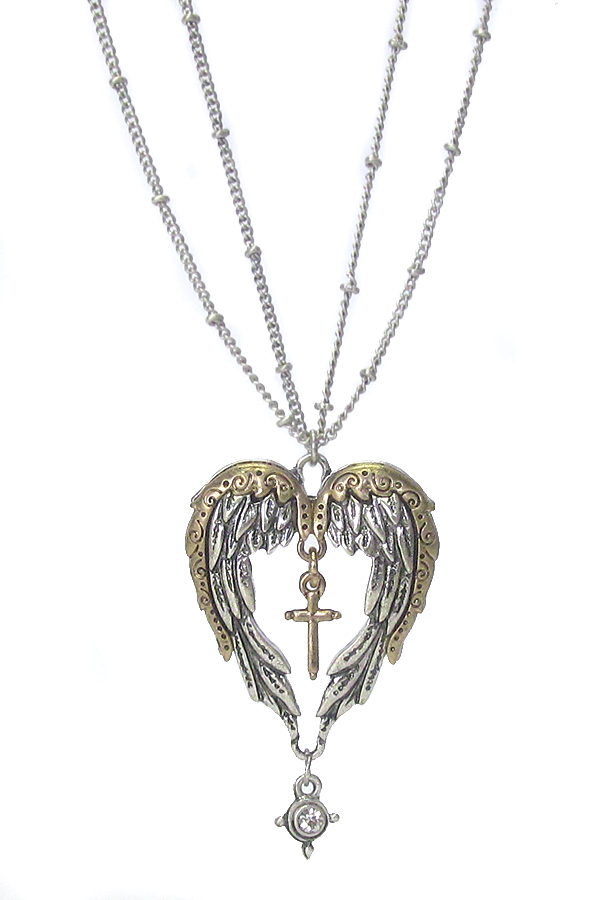 Angel wing pendant double layer chain necklace