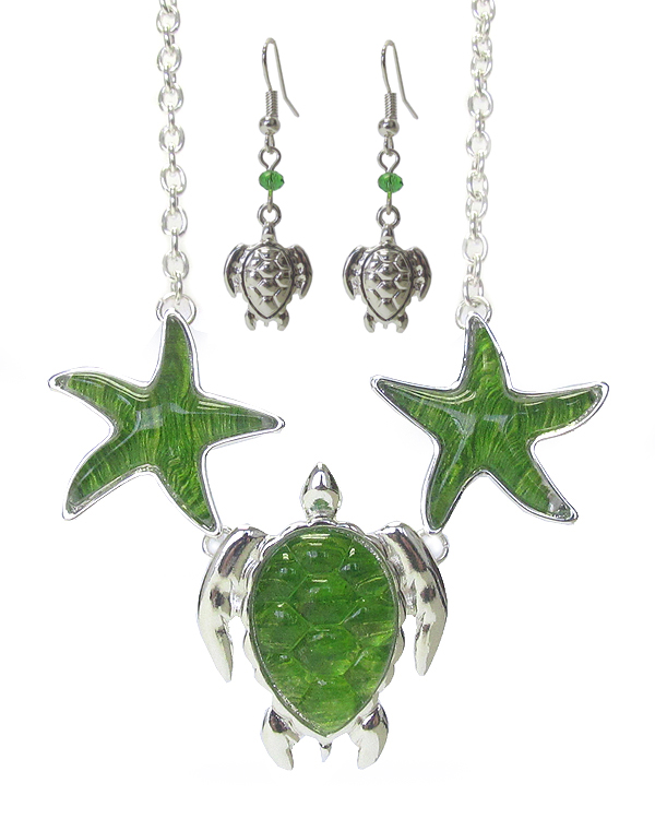 Sealife theme textured puffy pendant link necklace set - turtle starfish