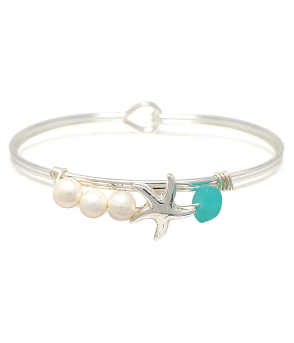 SEAGLASS AND PEARL MIX WIRE BANGLE BRACELET - STARFISH