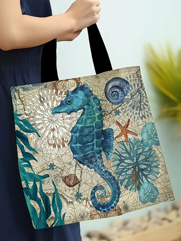 Sealife theme polyester tote bag - sea horse