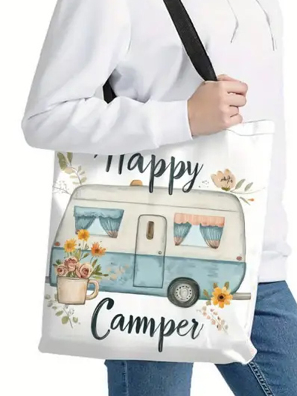 Happy camper theme polyester tote bag