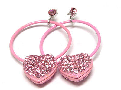 Crystal and enamel puffy heart drop hoop earring - hoops