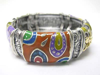 Enamel art work textured metal stretch bracelet