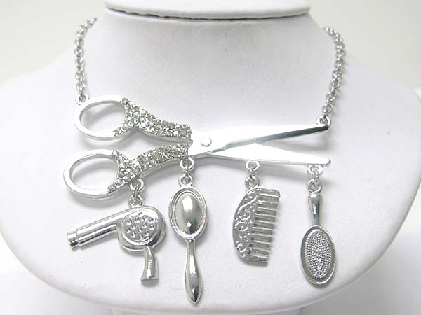 Beauty shop theme dryer brush comb mirror dangle large scissors link necklace