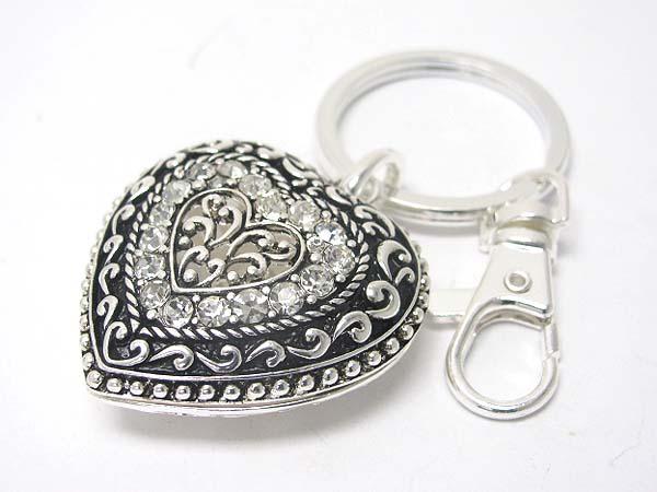 Crystal stud textured metal puffy heart key chain charm