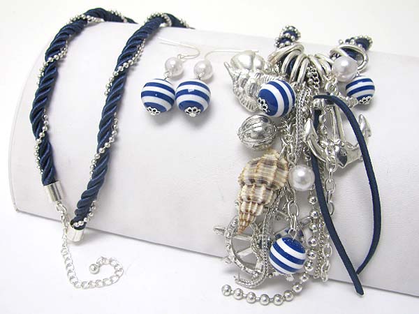 Multi nautical theme charm and beads dangle rope long neckalce earring set