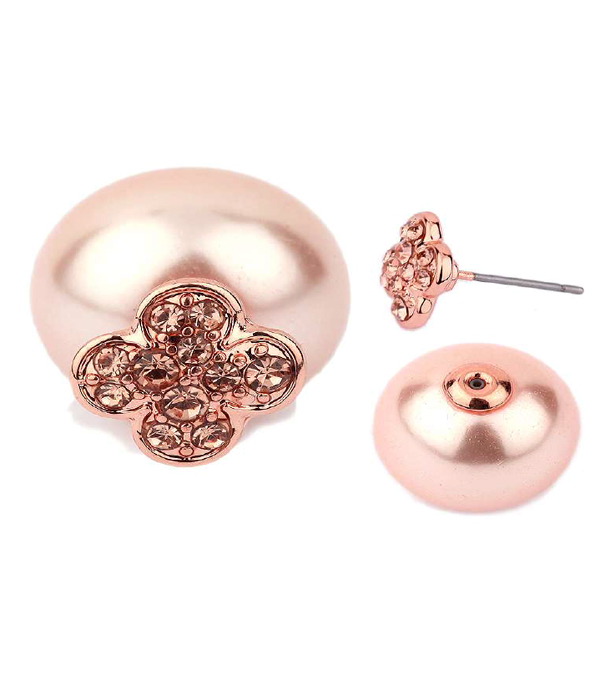Crystal pave clover and pearl double sided front and back earrings
