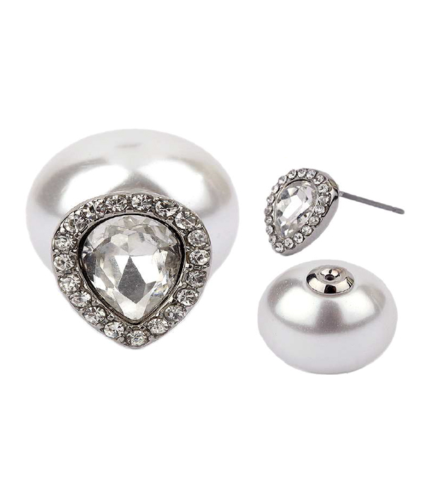 Crystal teardrop and pearl double sided front and back earrings