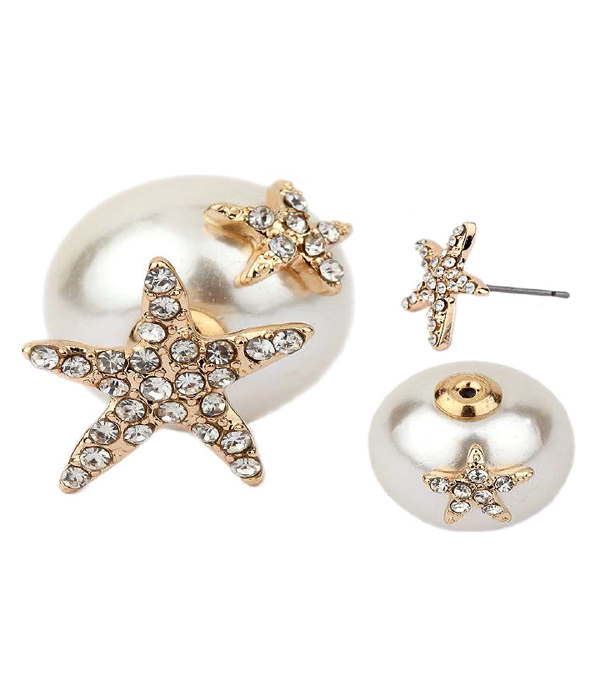 Crystal starfish and pearl double sided front and back earrings