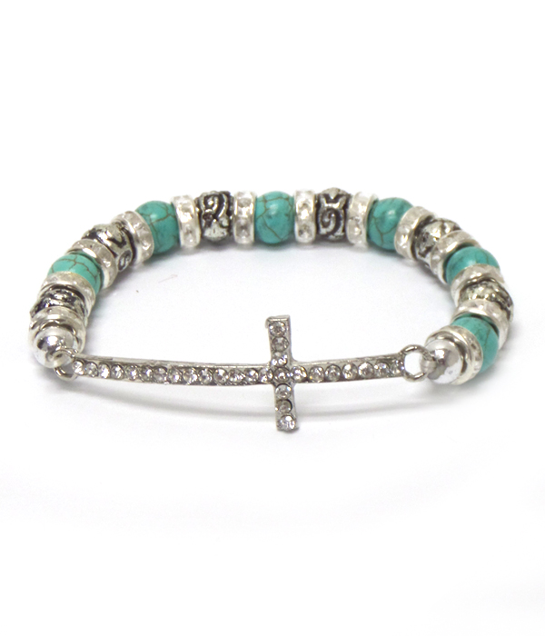 Crystal cross and turquoise and rondelle stretch bracelet