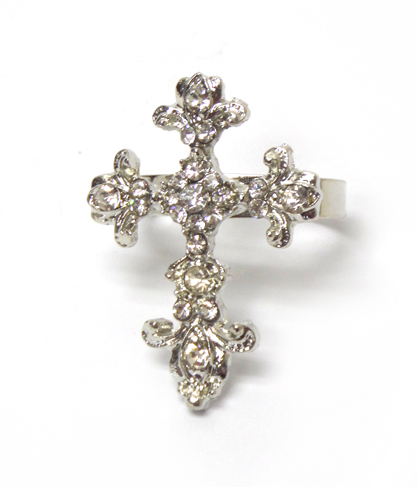 Metal textured cross with crystals ring
