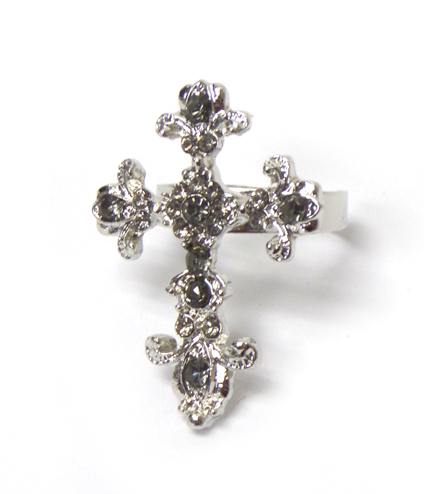 Metal textured cross with crystals ring