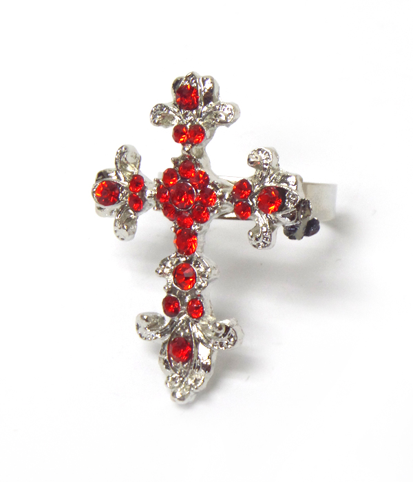 Metal textured cross with crystals ring 