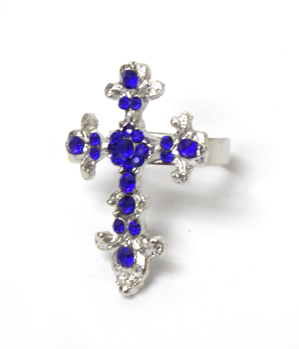 Metal textured cross with crystals ring 