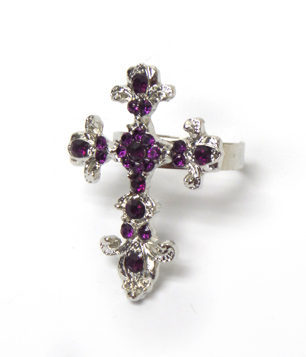 Metal textured cross with crystals ring 