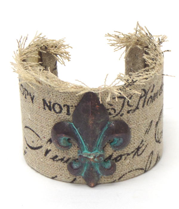 Vintage patina fleur de lis cloth cuff bracelet