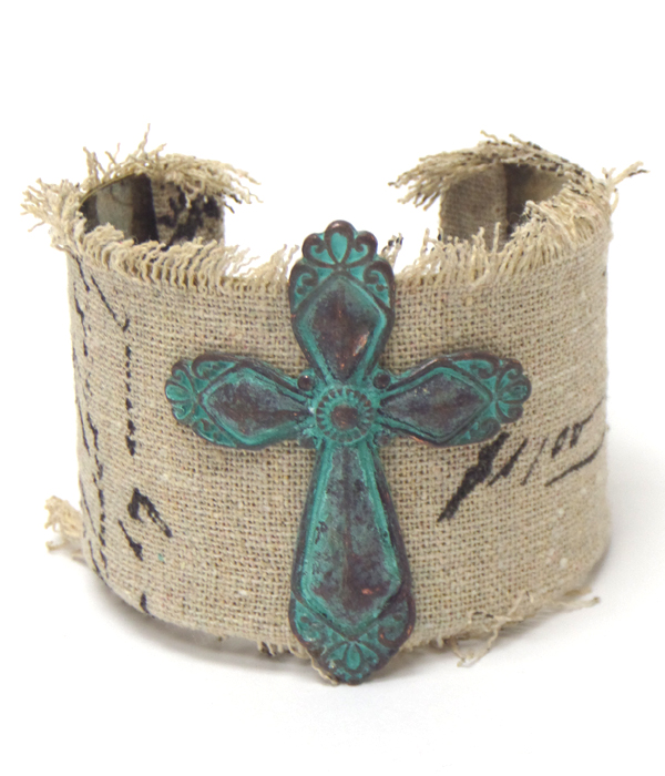 Vintage patina metal cross cloth cuff bracelet