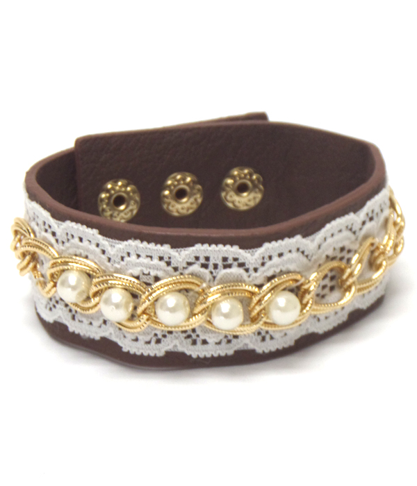 Pearls and lace leather type bracelet 