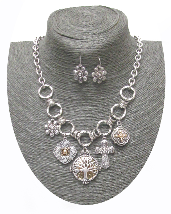 Multi textured cross and tree charm chain necklace set 