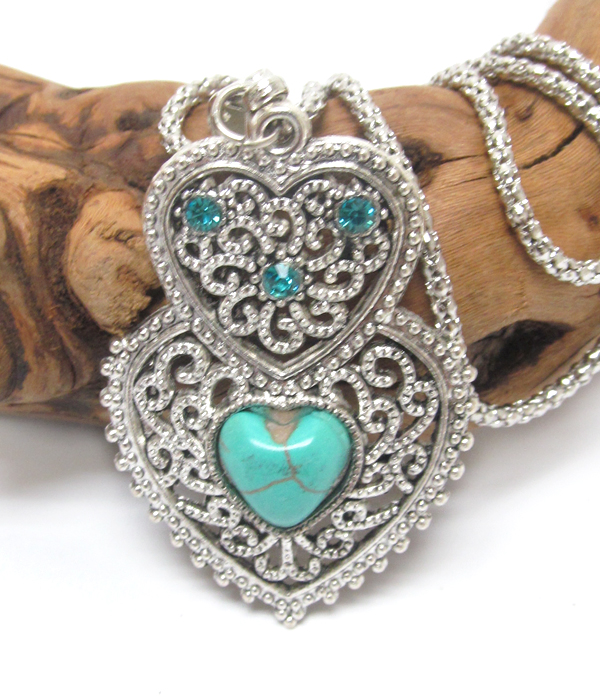 Vintage tibetan silver filigree turquoise double heart necklace