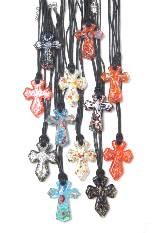 Assort color murano glass style cross pendant necklace-12 pc dozen pack mens jewelry