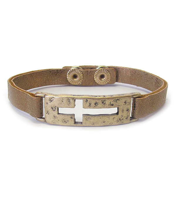 Cross cut metal bar leatherette band bracelet