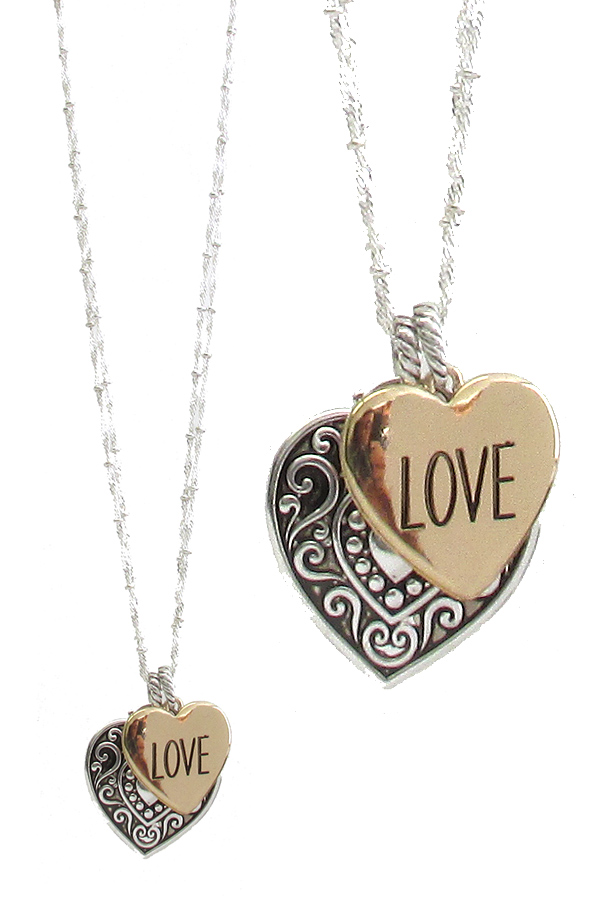 RELIGIOUS INSPIRATION DESIGNER TEXTURED DOUBLE PENDANT NECKLACE - LOVE