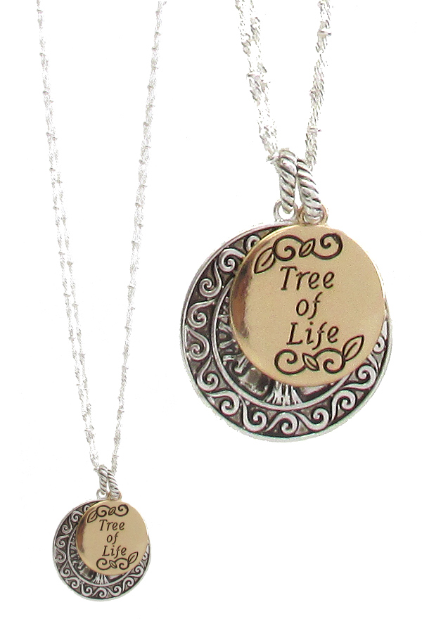 RELIGIOUS INSPIRATION DESIGNER TEXTURED DOUBLE PENDANT NECKLACE - TREE OF LIFE