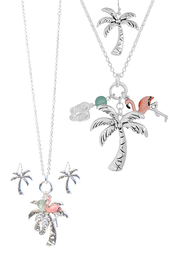 Tropical theme multi charm pendant necklace set - palm tree flamingo