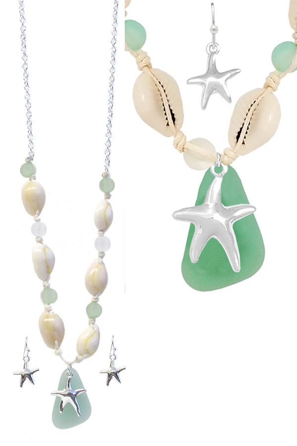SEALIFE THEME SEAGLASS AND COWRIE SHELL NECKLACE SET - STARFISH