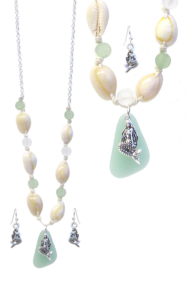 Sealife theme seaglass and cowrie shell necklace set - seahorse