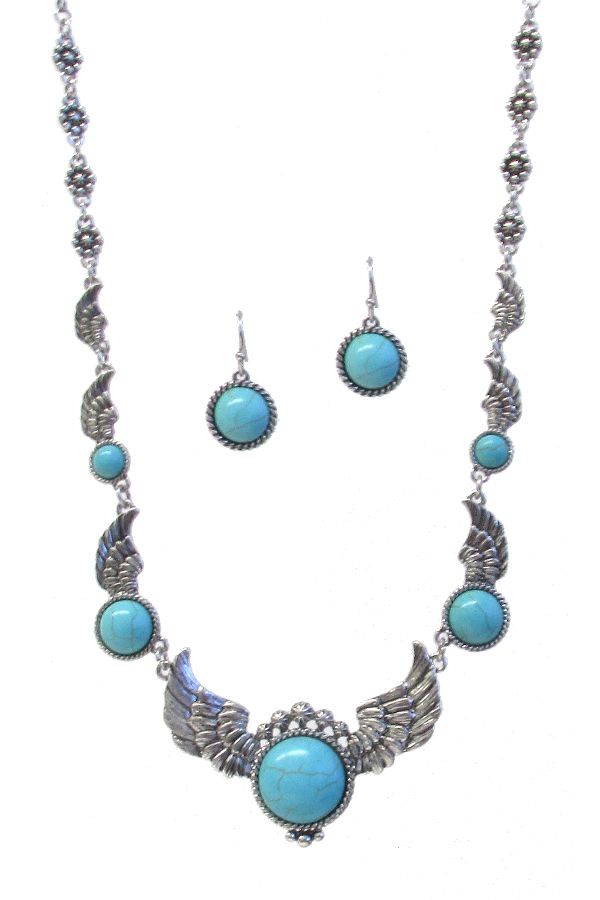 WESTERN THEME TURQUOISE AND ANGEL WING NECKLACE SET
