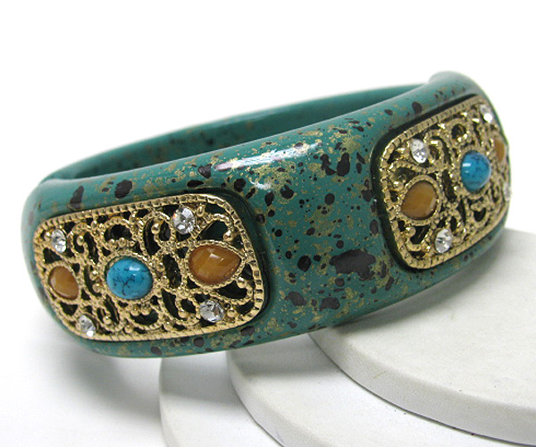 Metal filigree deco chunky patina bangle bracelet