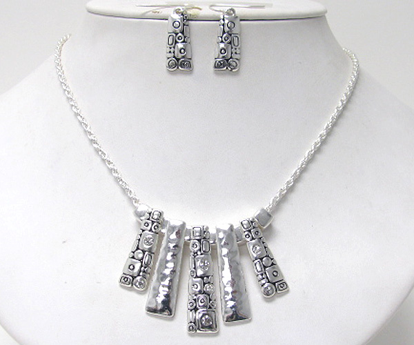 Metal casting and crystal deco bar drop tribal style necklace earring set