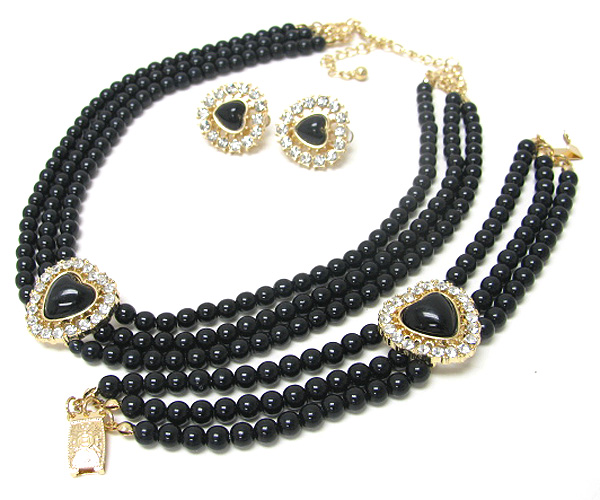 Crystal hert pearl necklace and bracelet and earring set