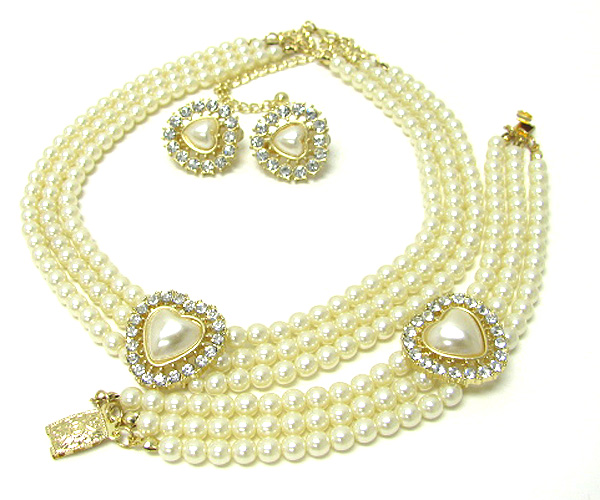 Crystal hert pearl necklace and bracelet and earring set