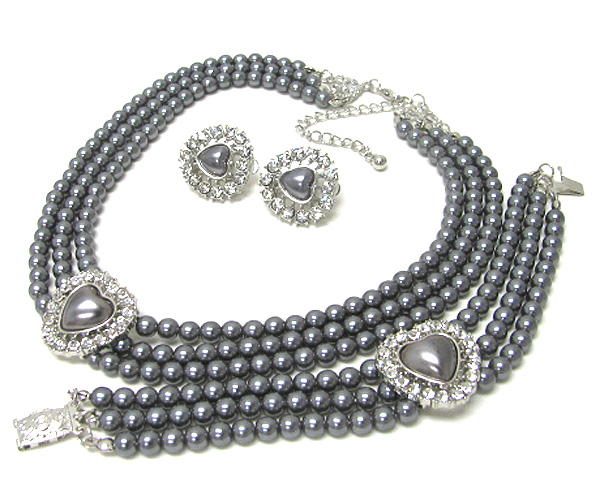 Crystal hert pearl necklace and bracelet and earring set