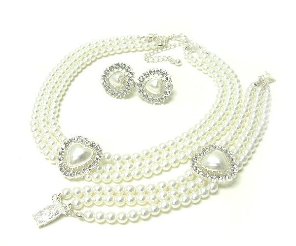 Crystal hert pearl necklace and bracelet and earring set