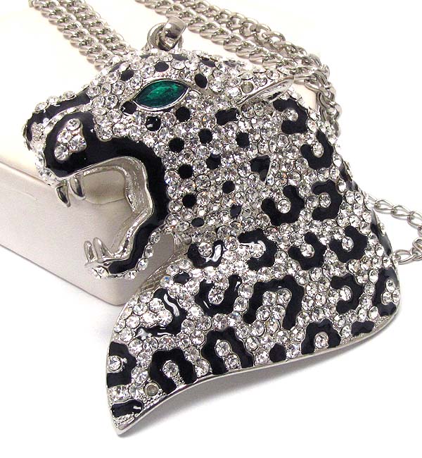 Crystal stud leopard head pendant drop chain necklace