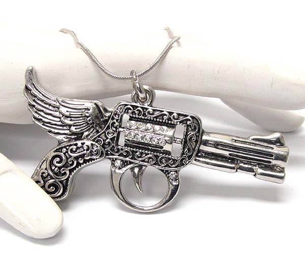 Crystal gun and wing necklace