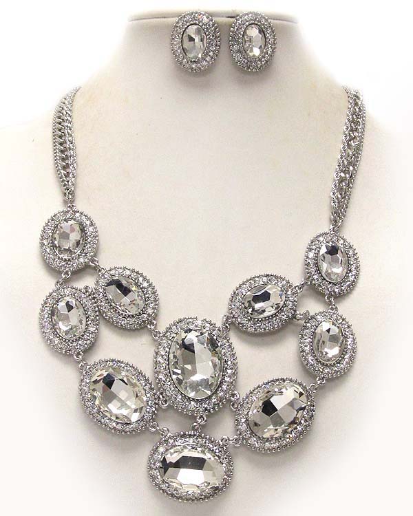Luxury austirian crystal deco oval facet glass stone party necklace earring set