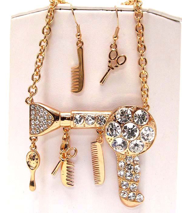Beauty shop theme dryer brush comb mirror dangle large scissors link necklace earring set