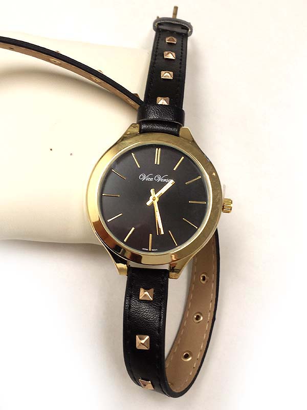 METAL STUD LEATHER WRAP BAND WATCH