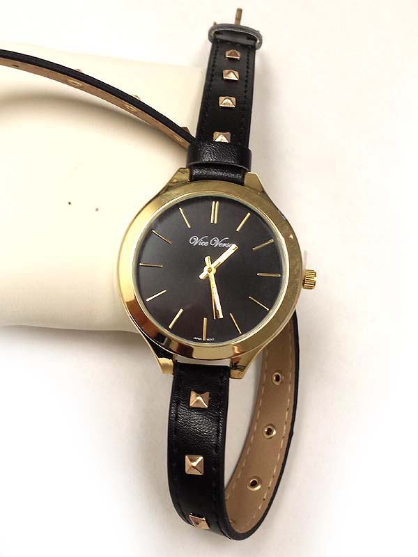 Metal stud leather wrap band watch