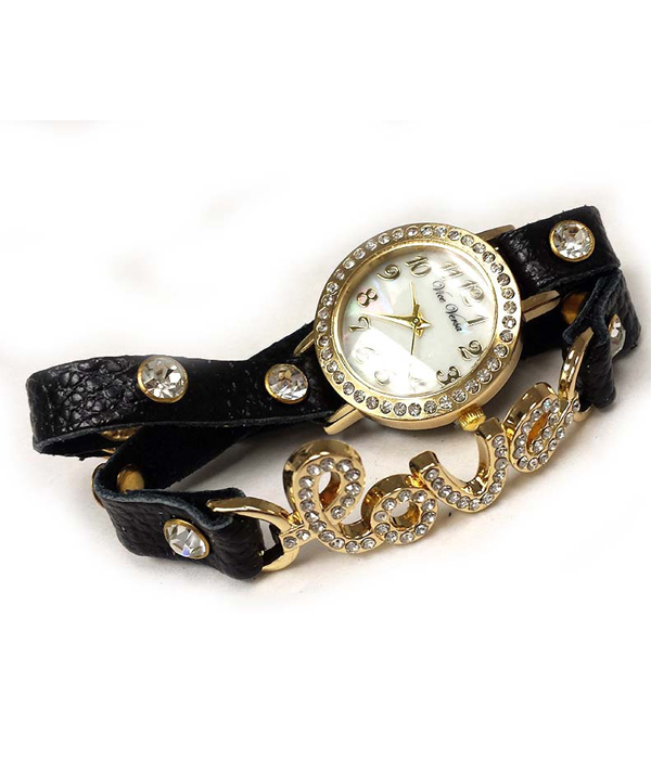 LOVE THEME CRYSTAL STUD LEATHER WRAP BAND WATCH